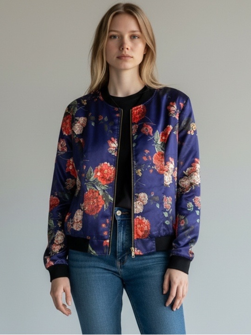 Allegra K Navy Floral Bomber Jacket with Red Roses